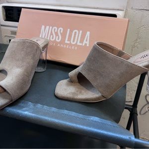 Beige Suede clear heels